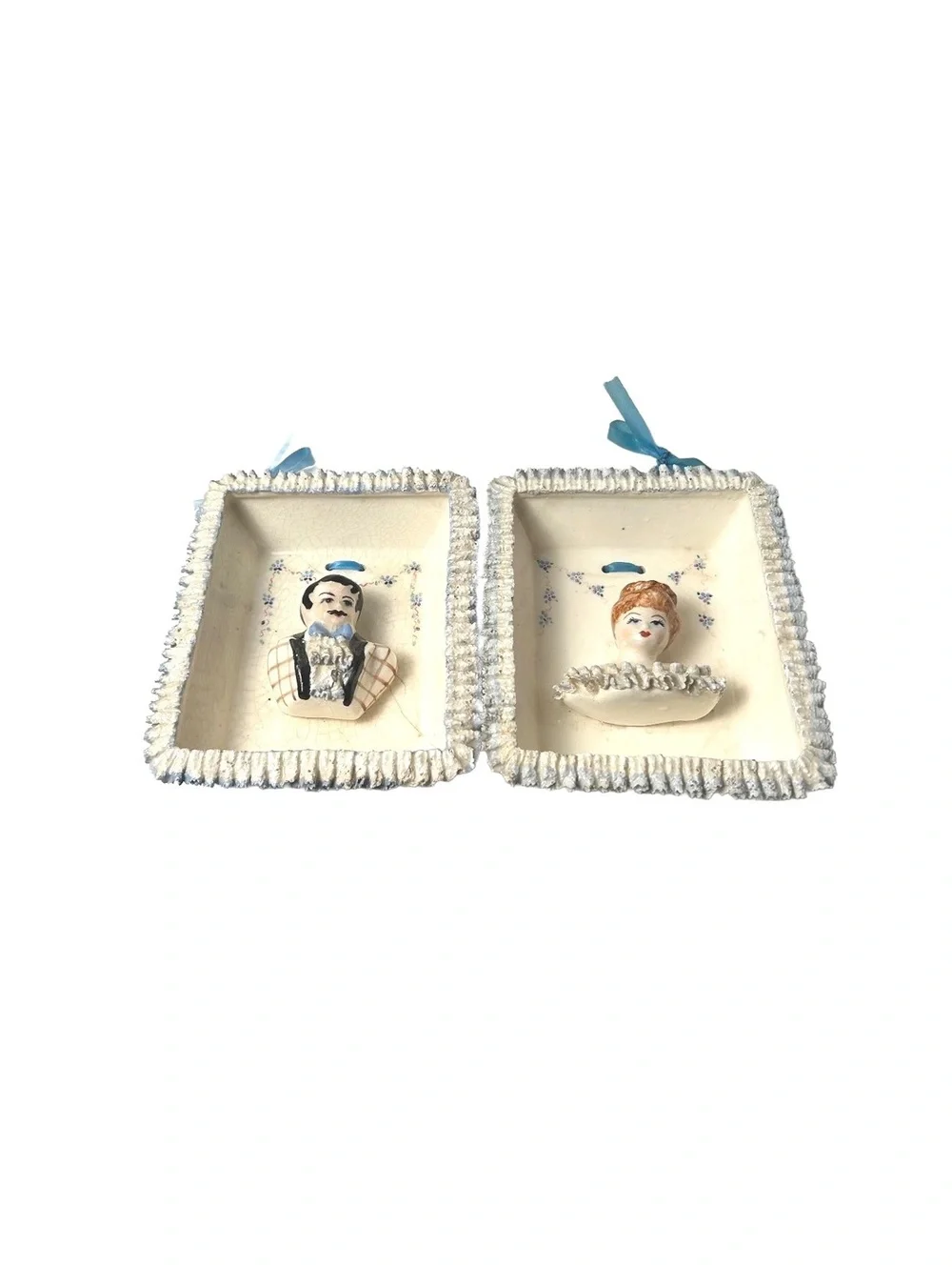 Vintage Ceramic Man and Woman Wall Hanging Plaques with Blue Ribbon